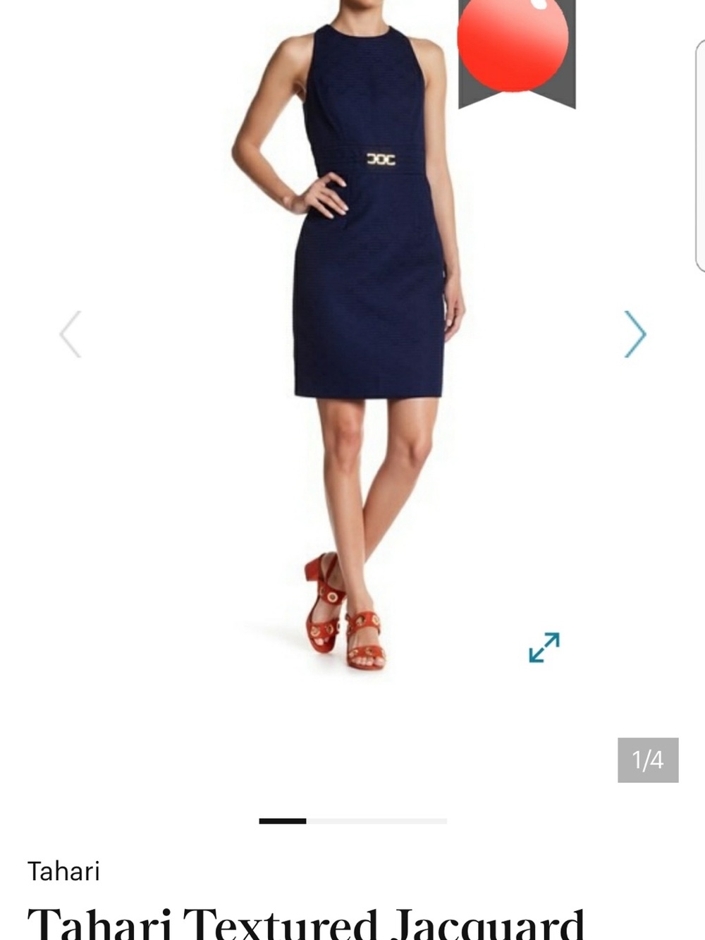 Tahari Navy Textured Sheath Dress with Gold Waist Detail